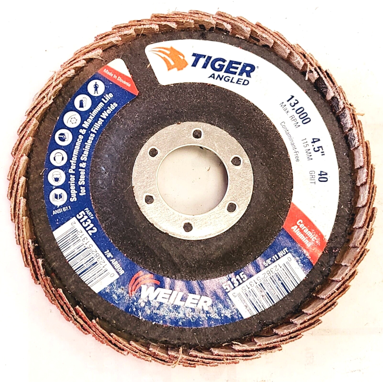 WEILER 51312 4-1/2″ TIGER ANGLED (RADIAL) CERAMIC FLAP DISC 40C 7/8″ ARBOR (9PC)