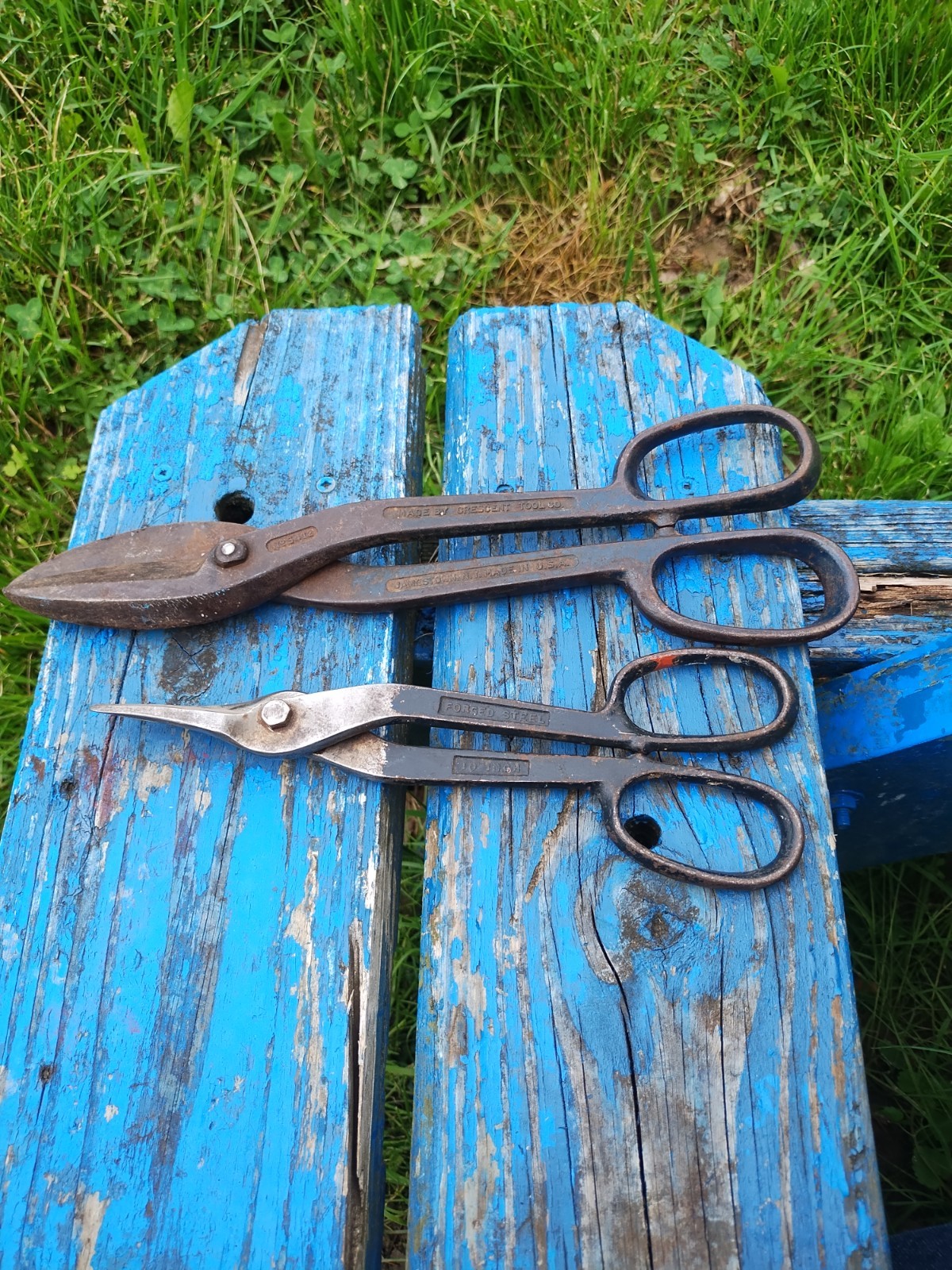 Two Vintage Tin Snips, Large Crescent ( Jamestown NY) & Bluebird 10″ Model 210