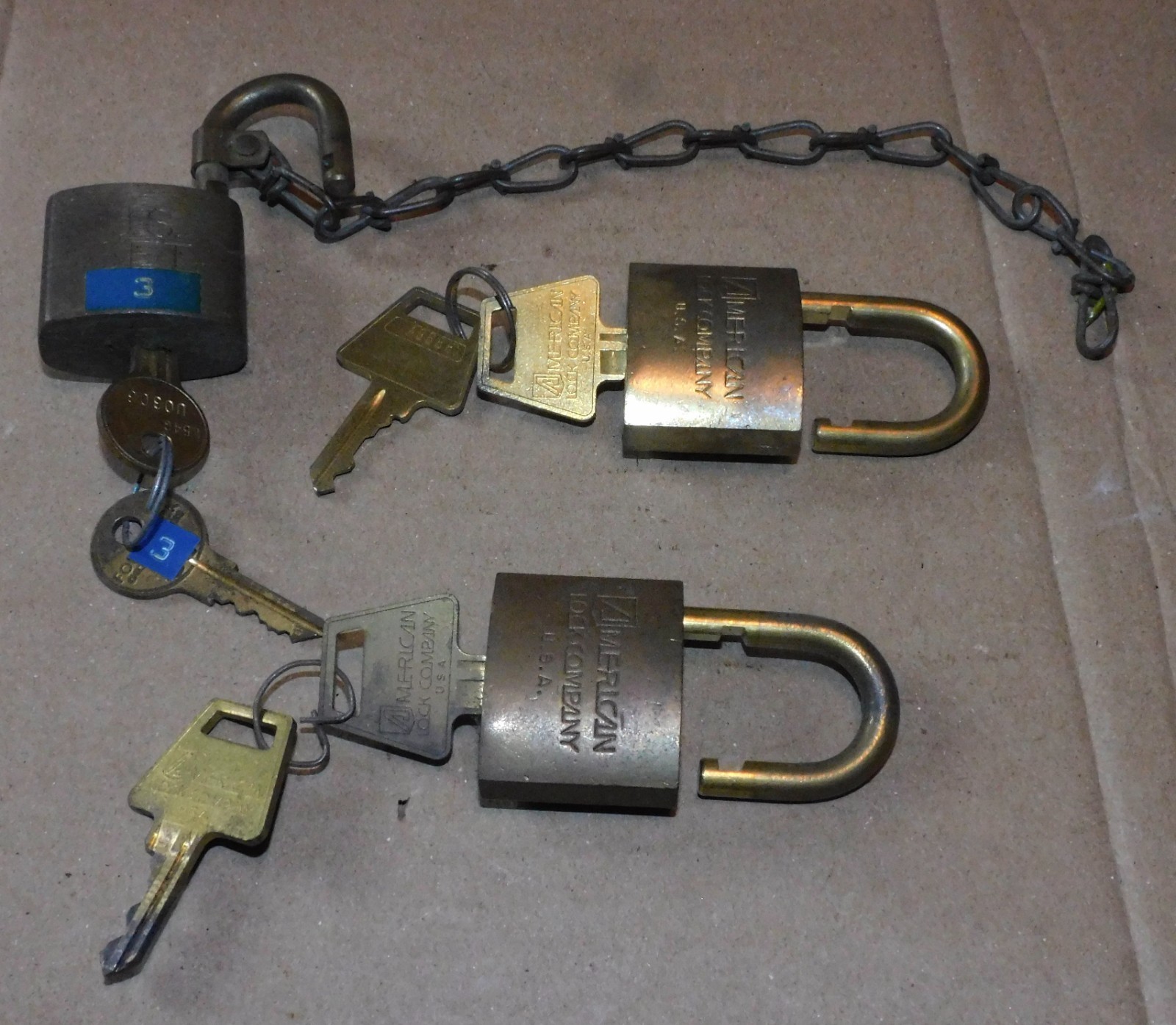Lot of 3 Vintage Padlock American Lock Co. US Set Fort Lock Chicago with keys