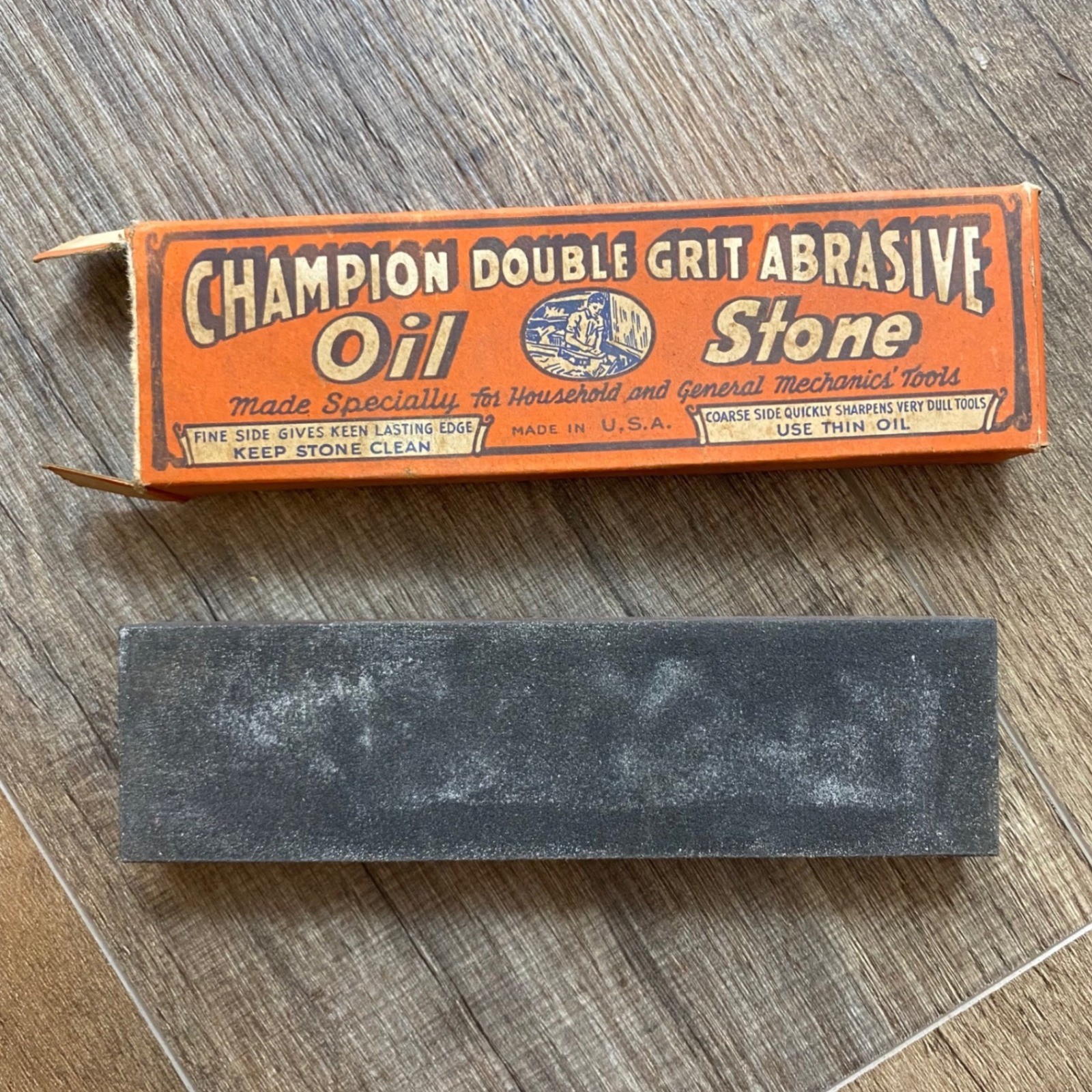 Vintage Champion Double Grit Abrasive Oil Stone Sharpening Tool Made in USA