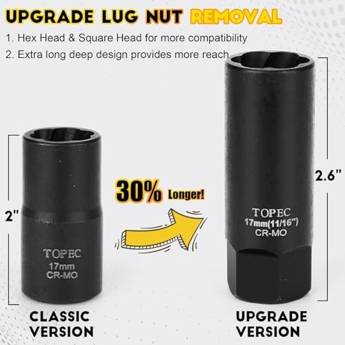 TOPEC 10-Pc Deep Lug Nut Remover 1/2-In Drive Spiral Impact Chrome Moly W/ Case