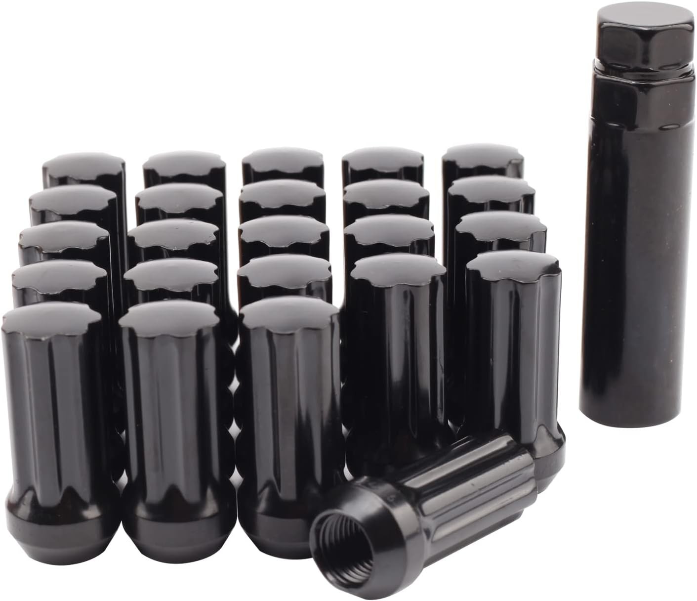 Set of 24, 14mmx1.5 7 Spline Wheel Lug Nuts for 6 Lug Aftermaket, Conical Bulge