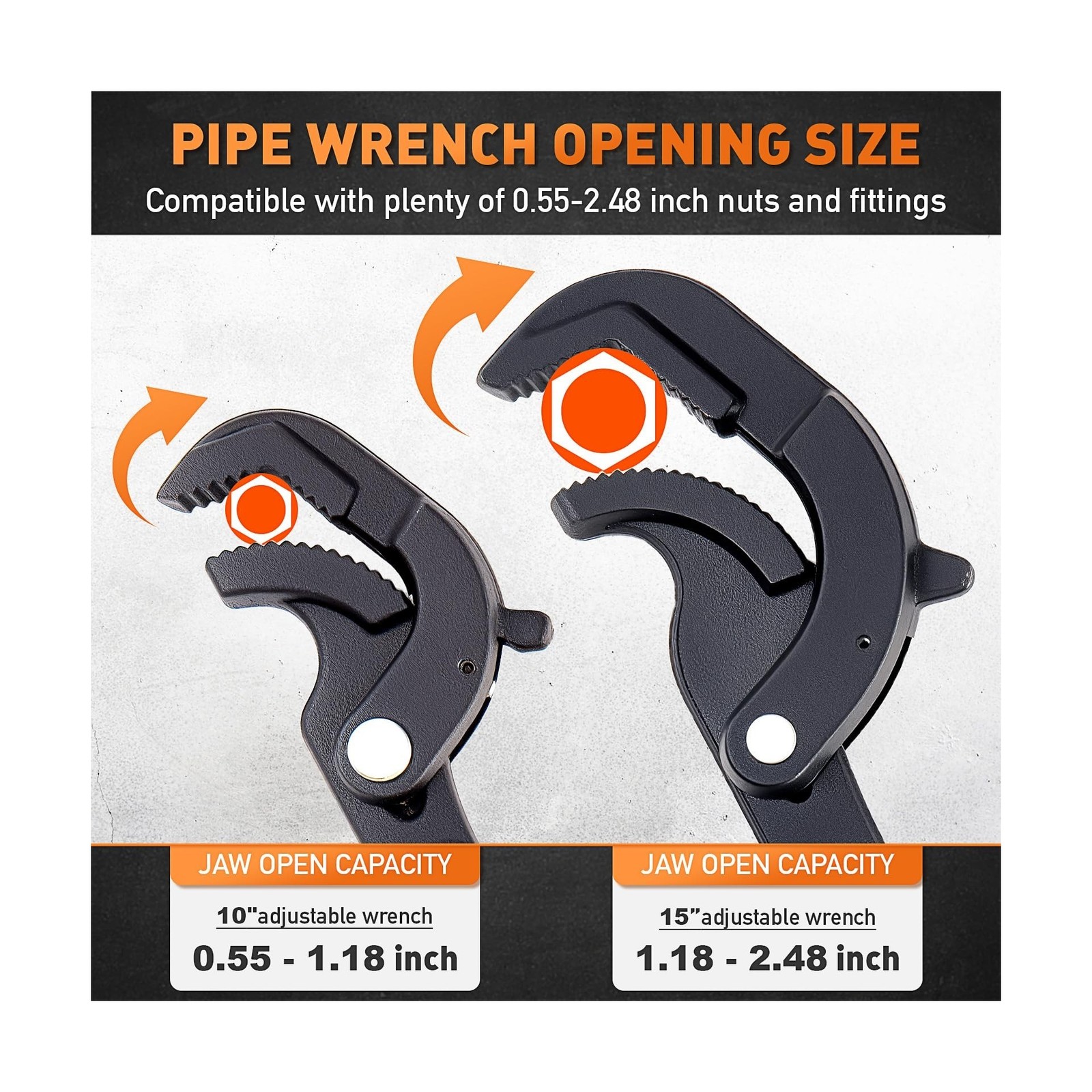 HORUSDY Heavy Duty Pipe Wrench Set, 10” and 15” Self-Adjusting Pipe