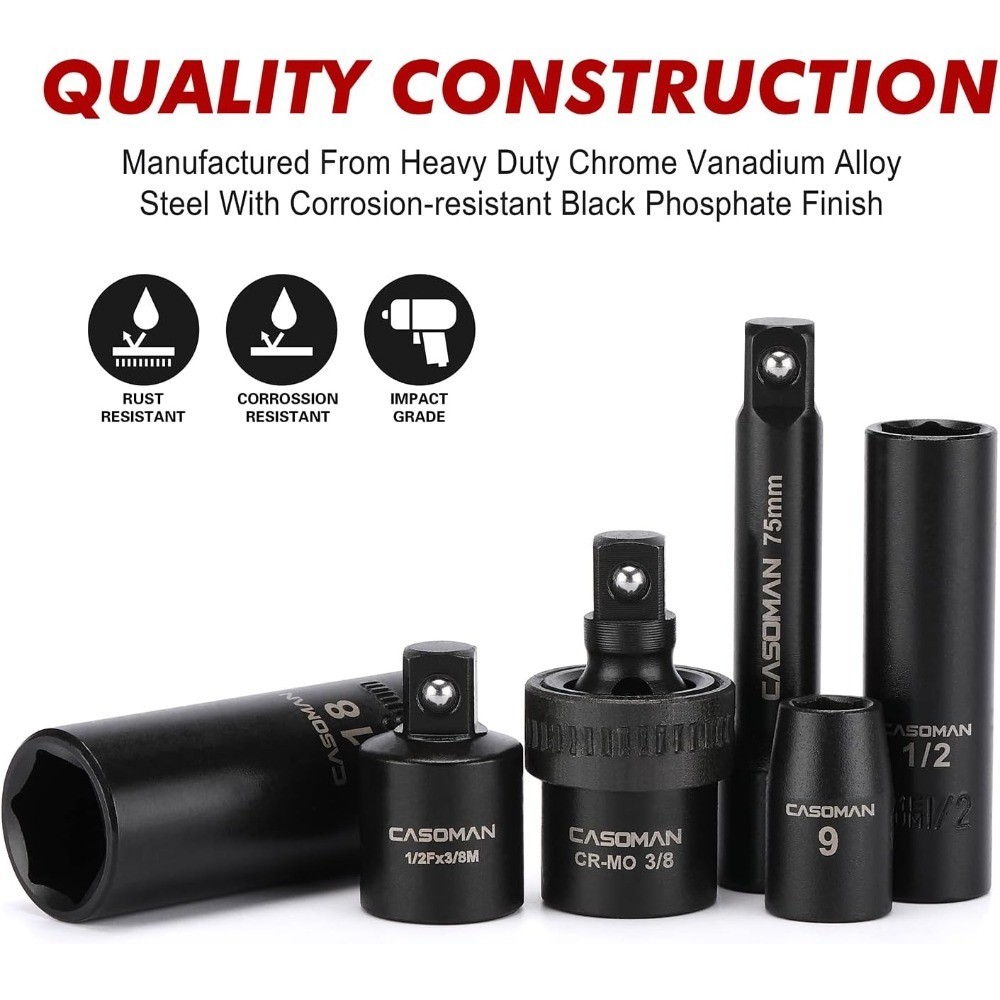 3/8 Inch Drive Impact Socket Set 49 Piece Standard SAE and Metric 6 Point Sizes