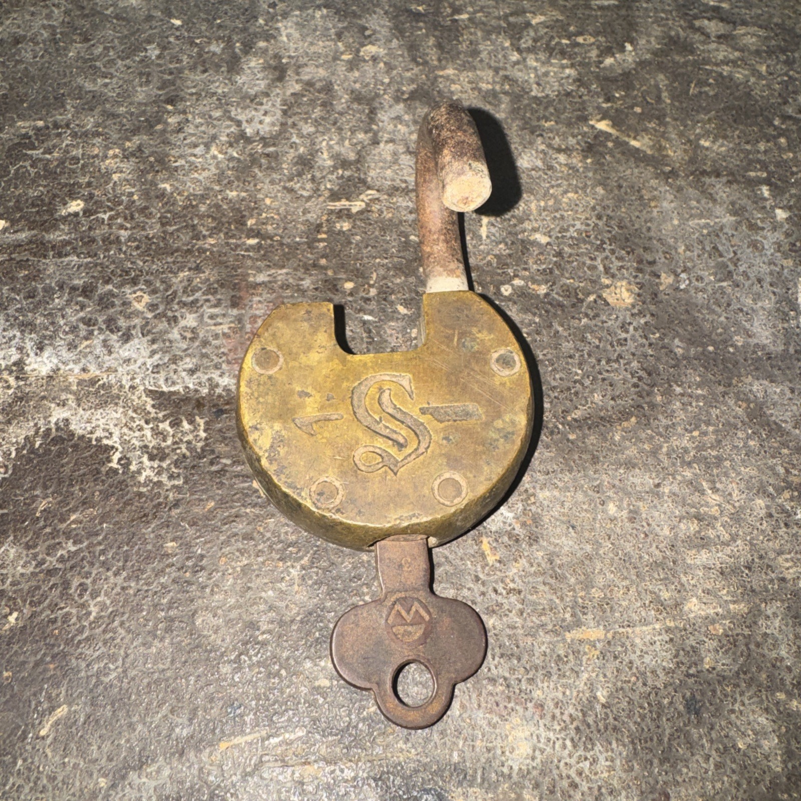 Slaymaker Antique Brass Padlock & Old Flat Steel Key Working Vintage Lock & Key