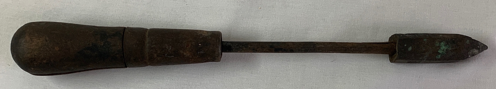 antique wood handled LUTZ SOLDERING IRON ~ 12.5 inches long ~handle is splitting