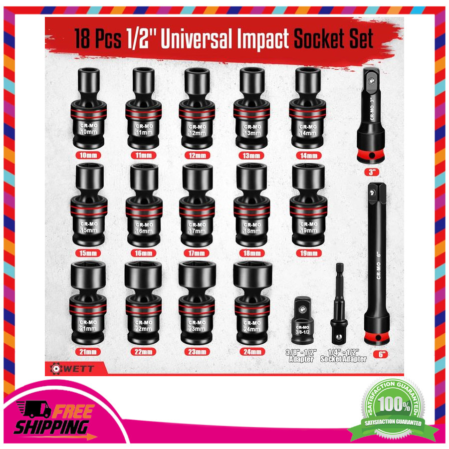 WETT 18pc 1/2″ Drive Shallow Impact Universal Joint Swivel Socket Set 10-24mm