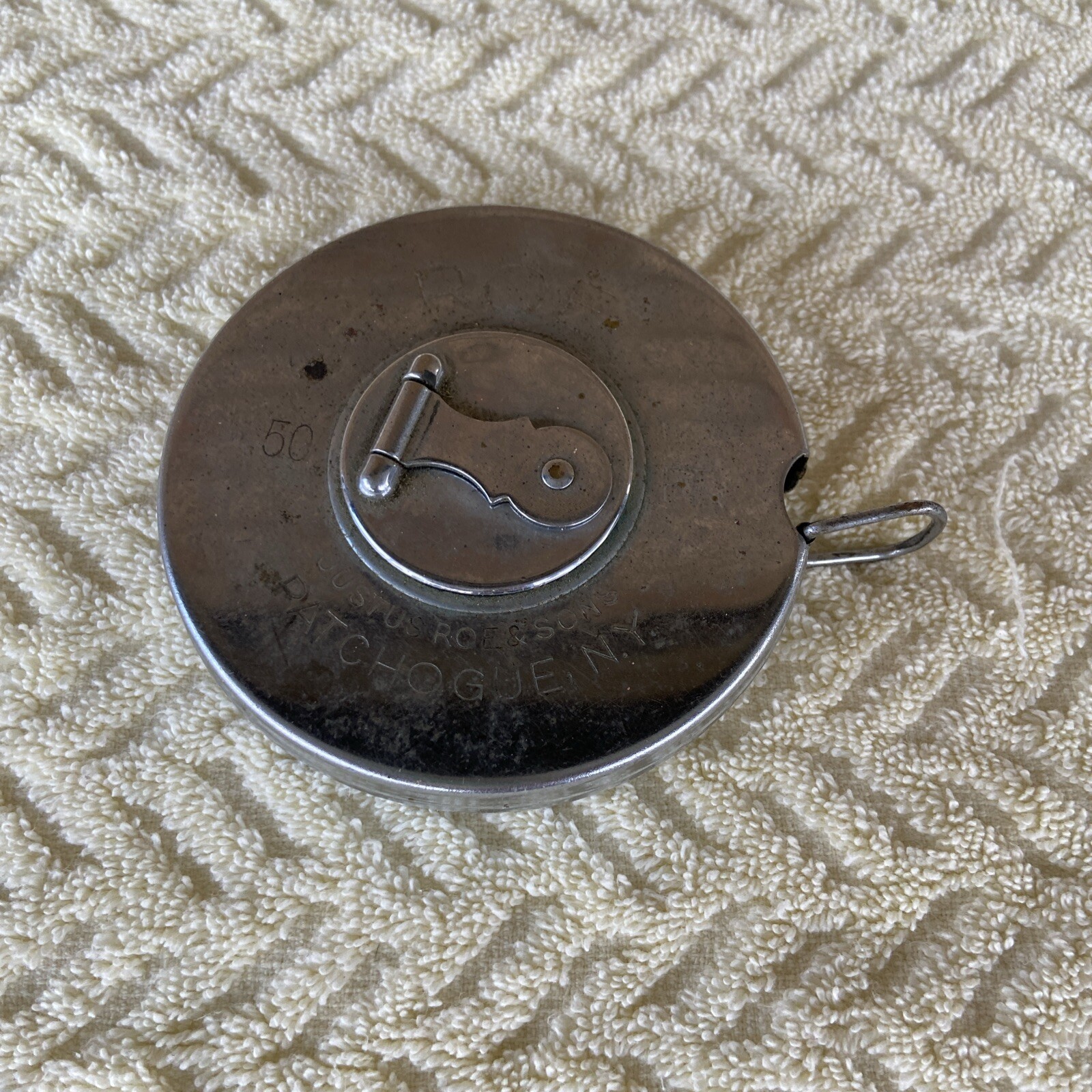 Vintage JUSTUS ROE & SONS 50’ Metal Tape Measure PATCHOGUE N.Y. USA PAT. 9/14/48