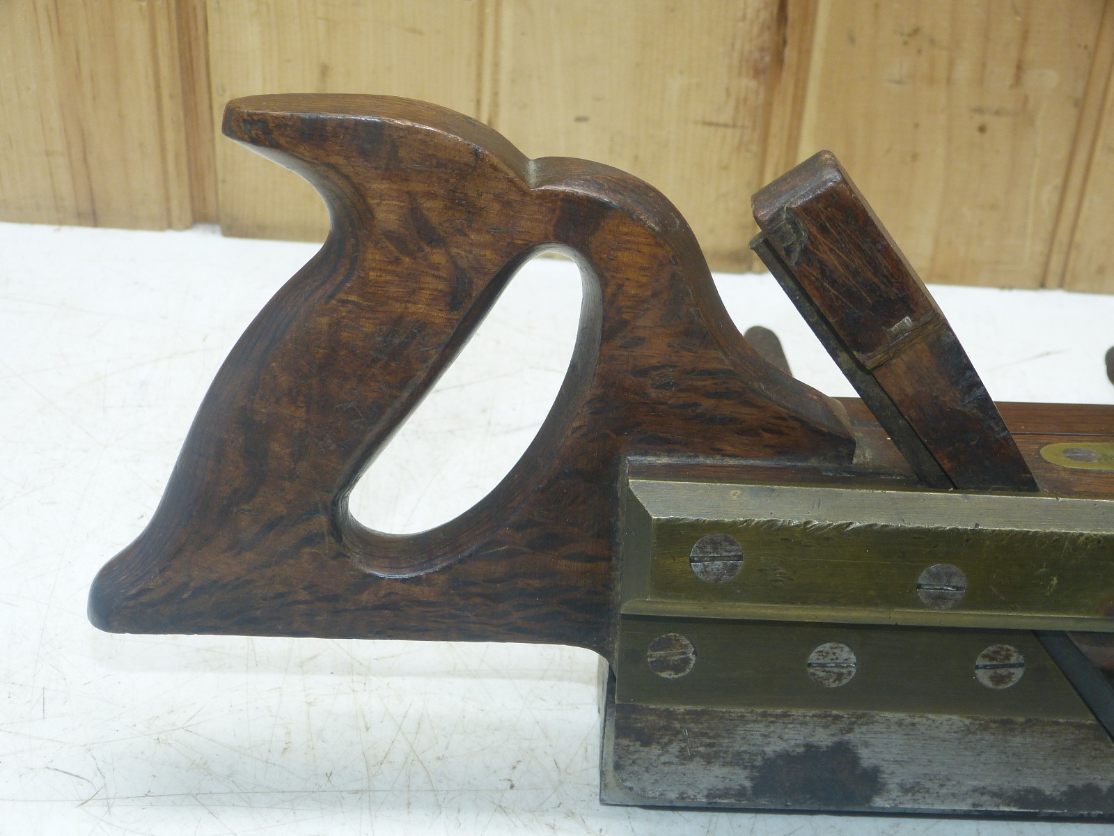 Unusual Vintage Spanish Olive Wood & Brass 12½” Screw Arm Wooden Plow Plane INV