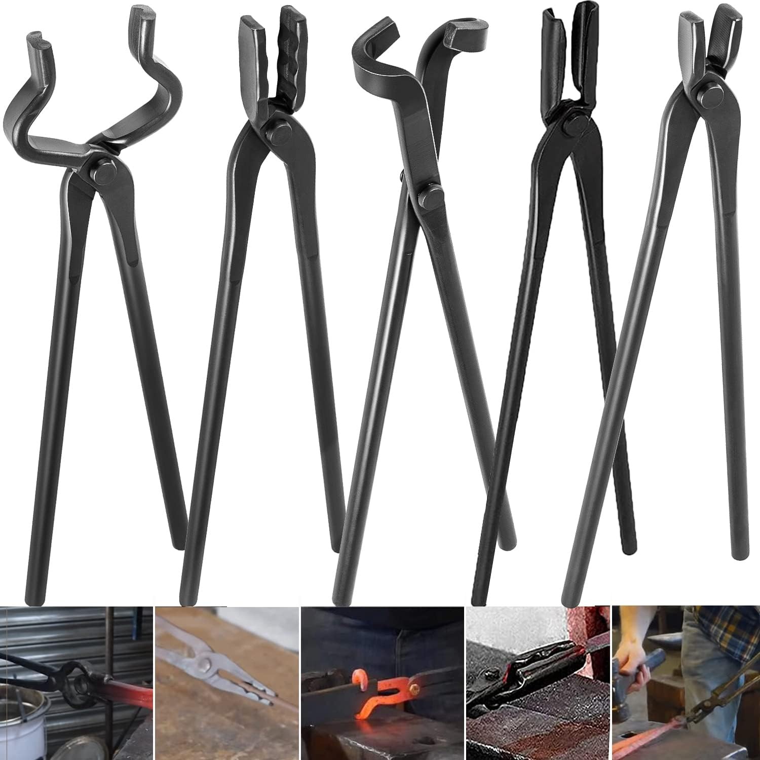 Knife Making Tongs Blacksmith Tongs Tools Set Forging Tongs Tool Kit 5 PCS Black