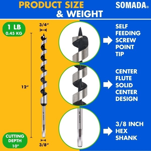 SOMADA 3/4-Inch x 12-Inch Auger Drill Bit for Wood, Hex Shank 3/8-Inch
