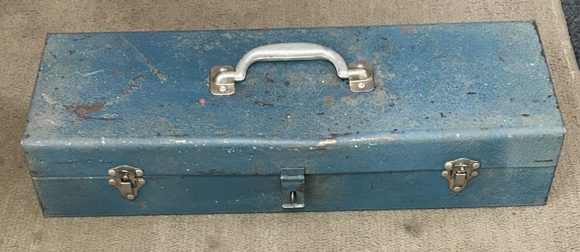 Vintage Blue Metal Tool Box With Machinist Tray 21”x 7”x 4 1/2”