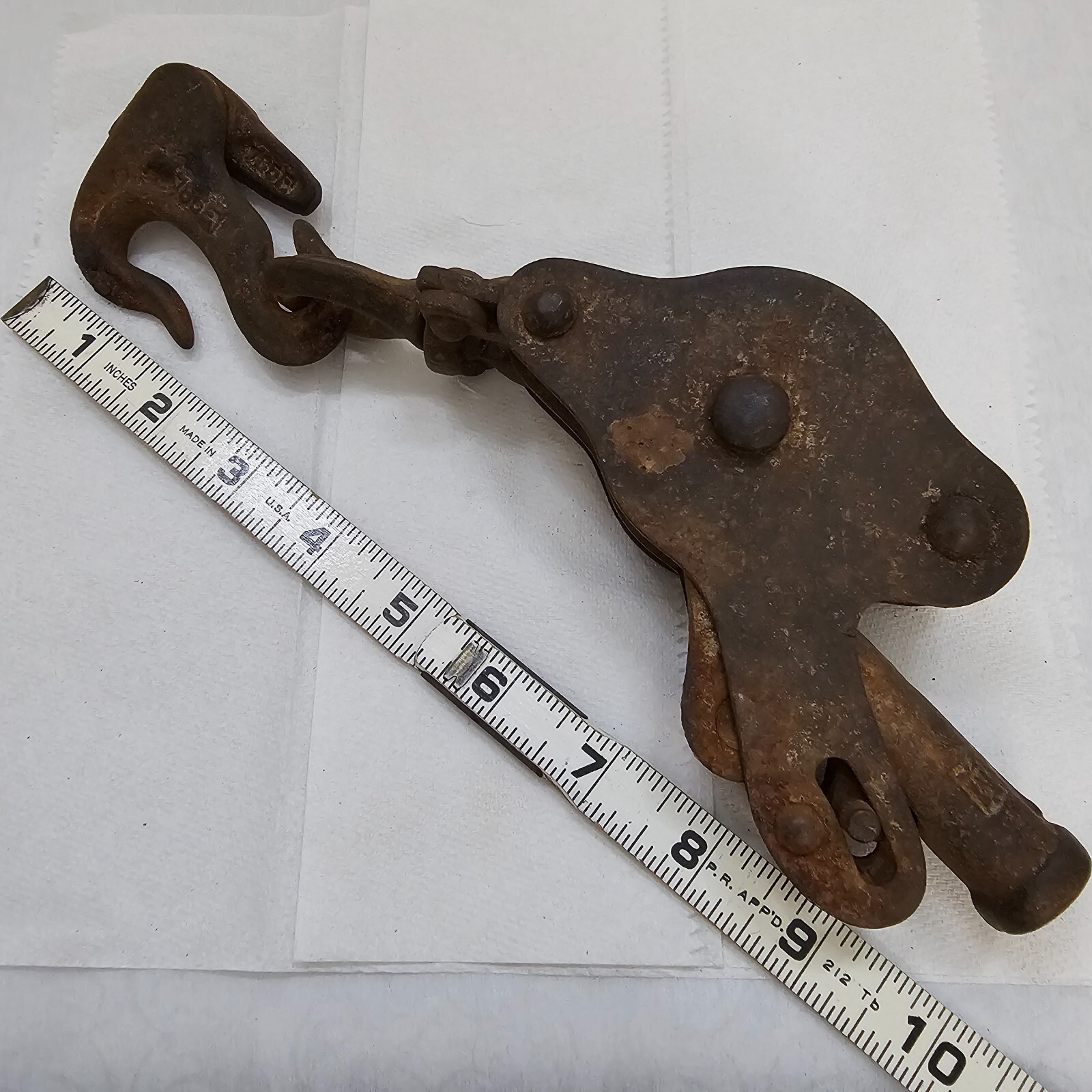 Steel Hook & Pulley System Double Sheave Line Stop Primitive VTG Works Rusty