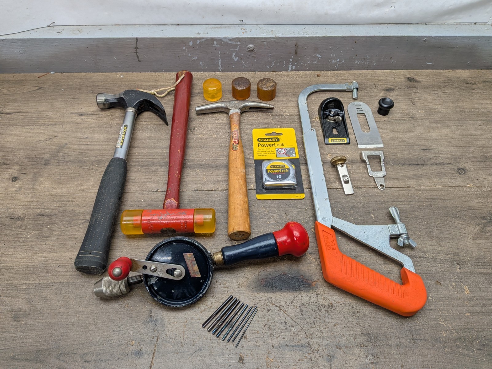 VINTAGE STANLEY TOOL LOT WOODWORKING TOOLS, HAMMERS, NOS HACKSAW, HAND DRILL….