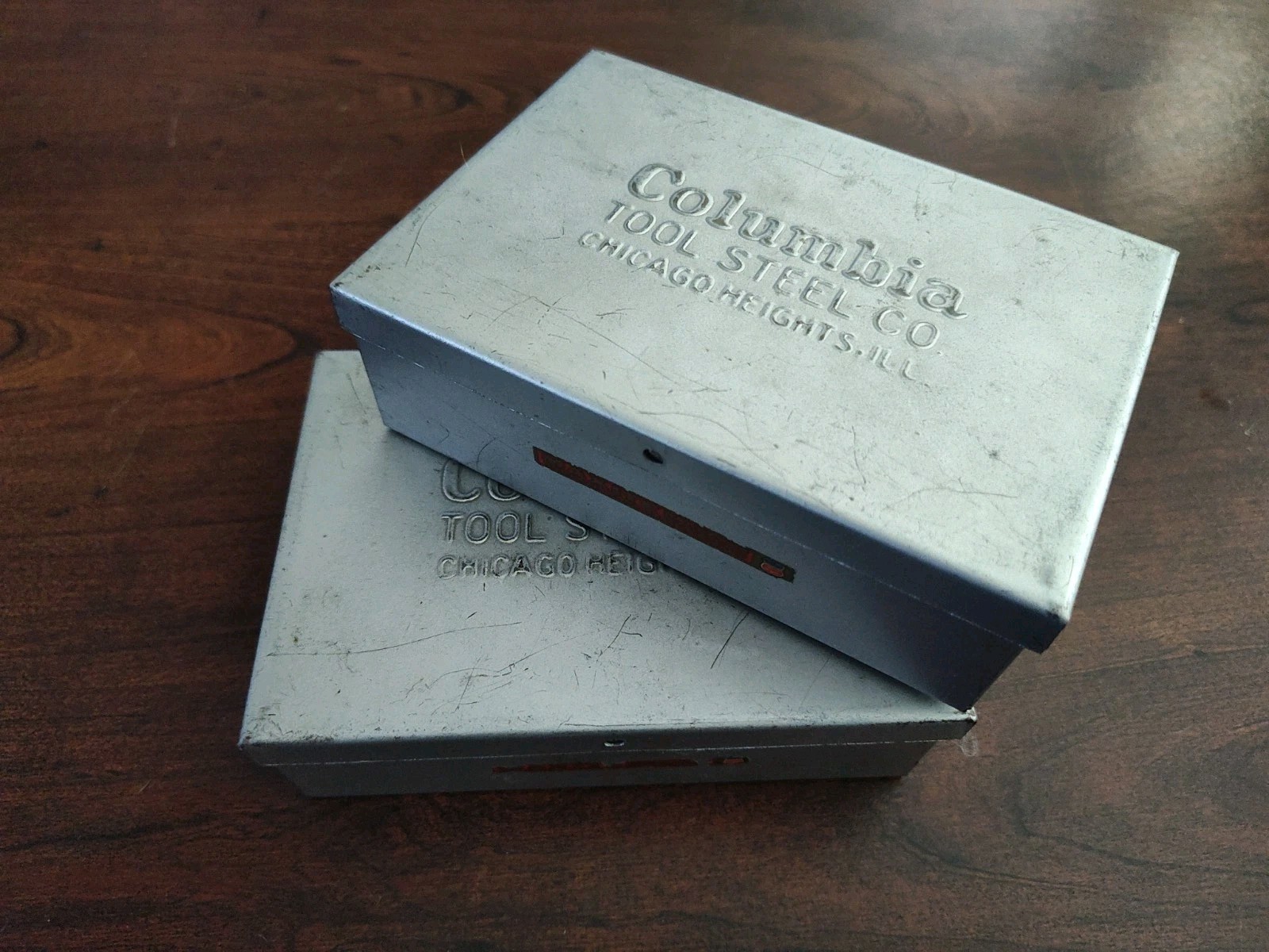 Two 1940-1950 Columbia Tool Steel Co Metal Maxite Bit Box 5×3.5×2 Snap Hinge Lid