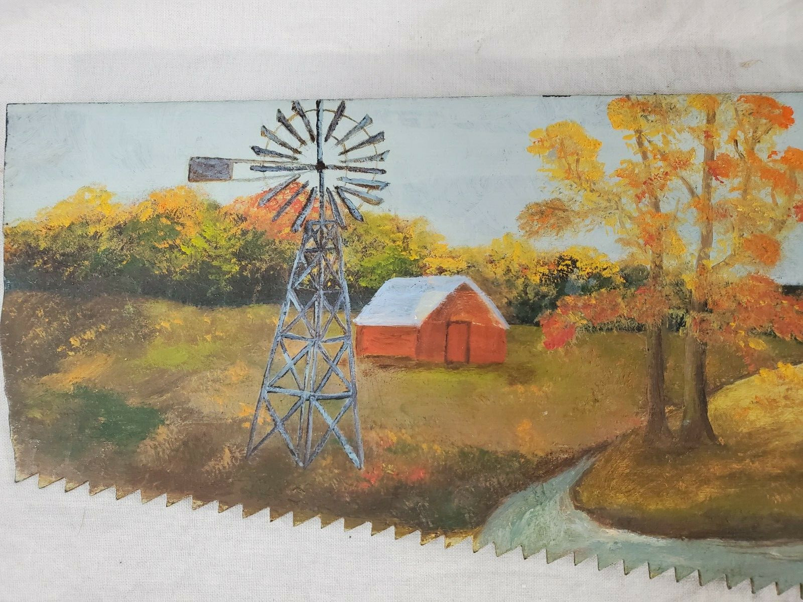 Vintage 1985 Hand Painted Hand Saw Signed By Artist Farm Windmill Scene Farmer