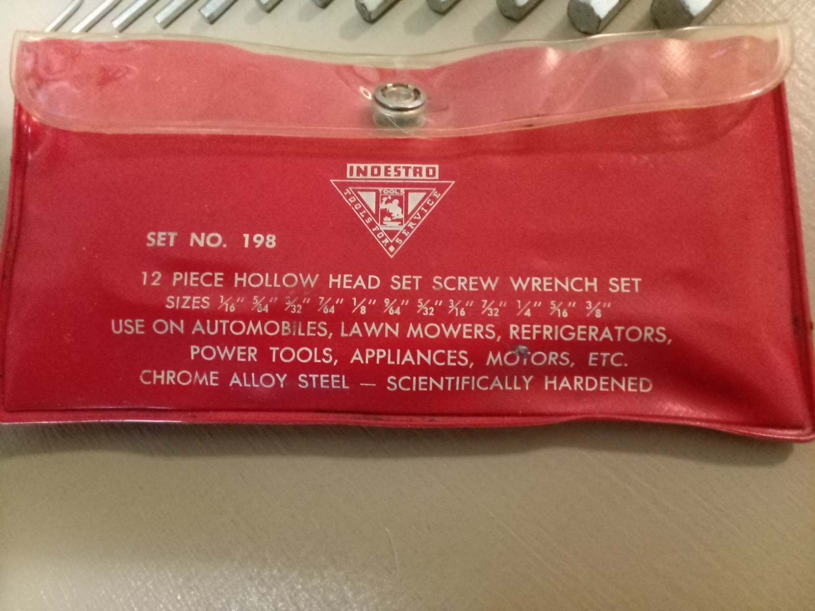 Vintage Indestro 12 pc Allen wrench set. Set No. 198. Hollow Head Set Screw Set