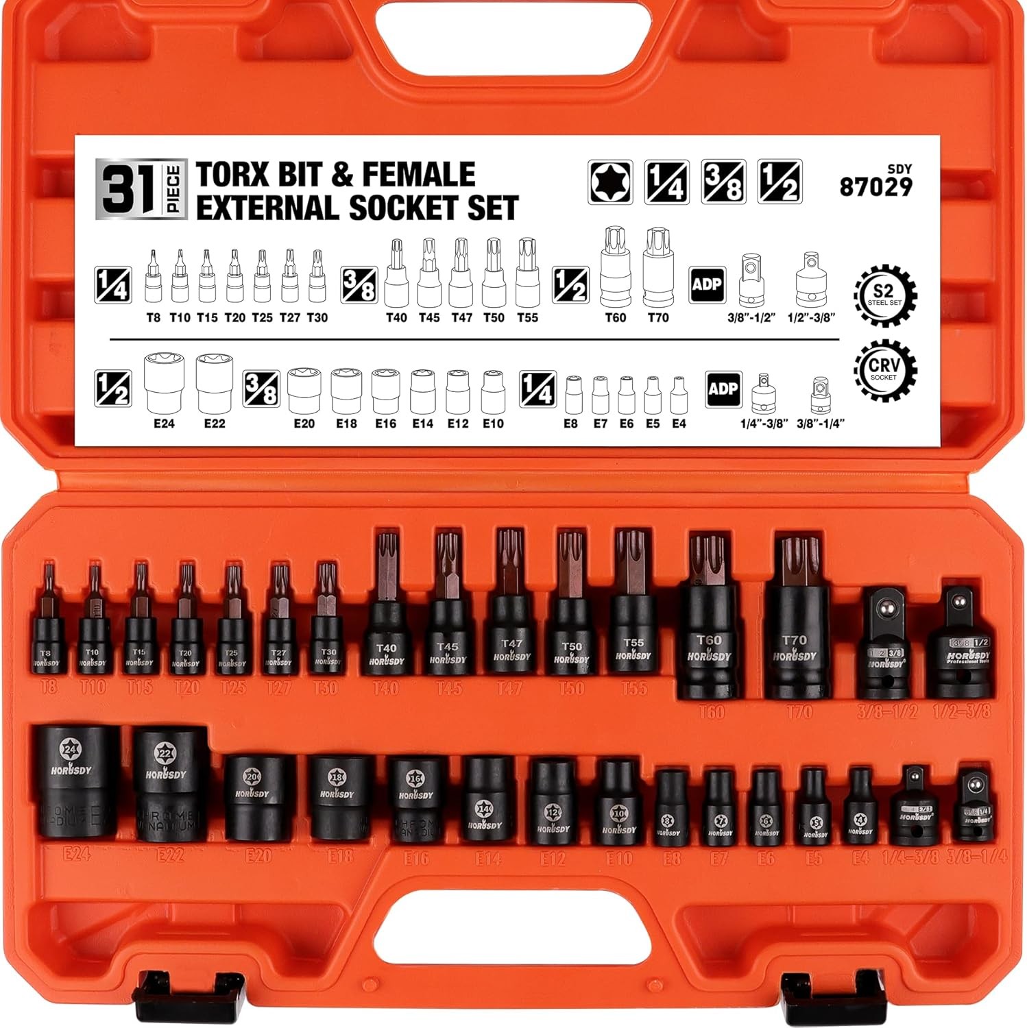HORUSDY 31Pcs Torx Bit Socket Set,14 Star Bits (T8-T70) and 12 Female E-Torx Soc