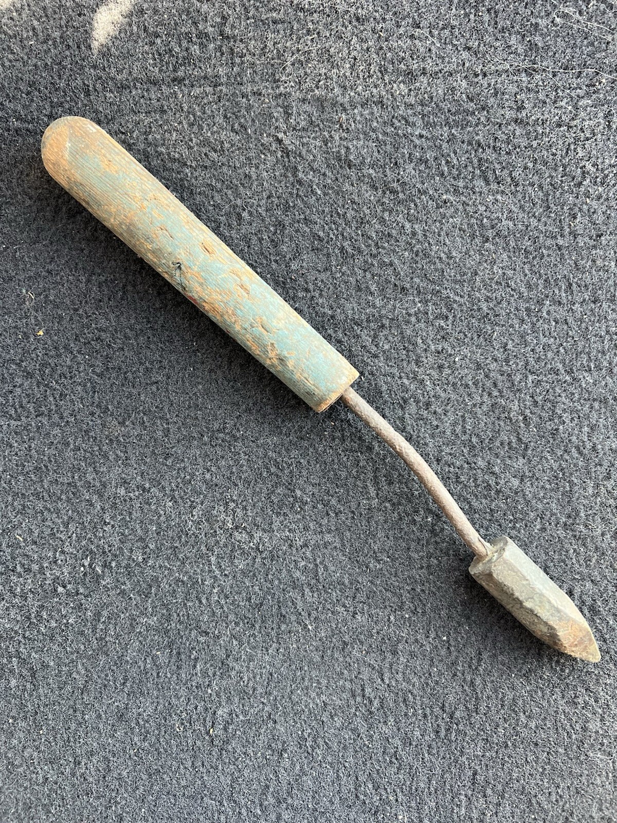 Antique Vtg Soldering Iron Copper Head Blue Wood Handle Blacksmith Tool 11.25”