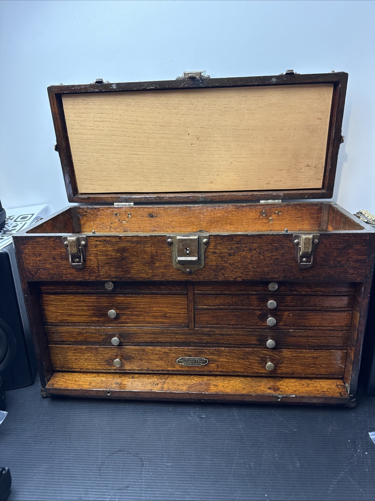 Vintage H. Gerstner & Sons Wood Oak Machinists Tool Chest 7 Drawer