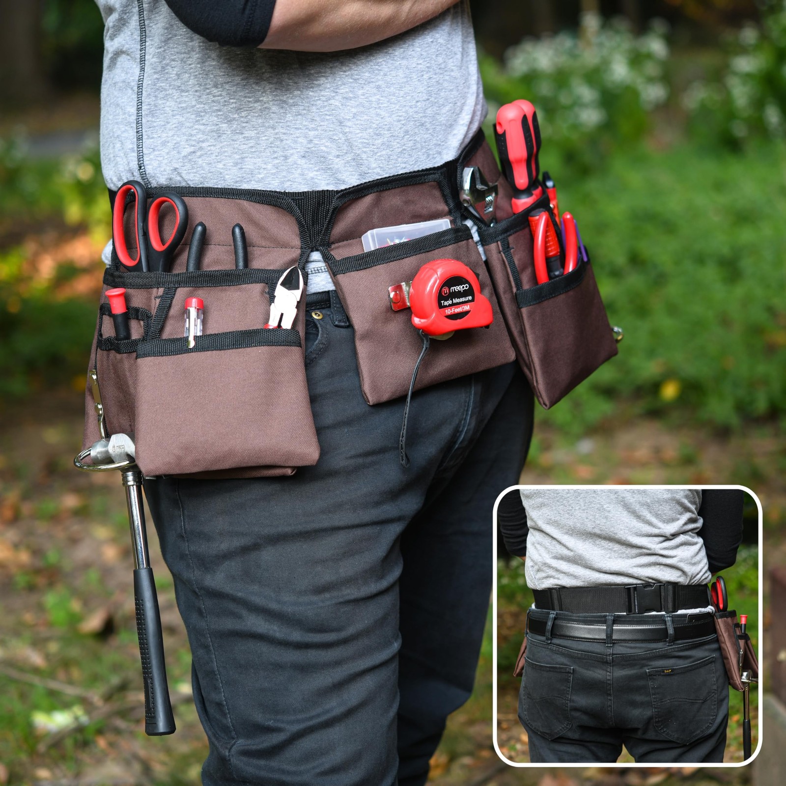 19 Pocket Brown and Black Heavy Duty Construction Tool Belt, Work Apron, Tool…