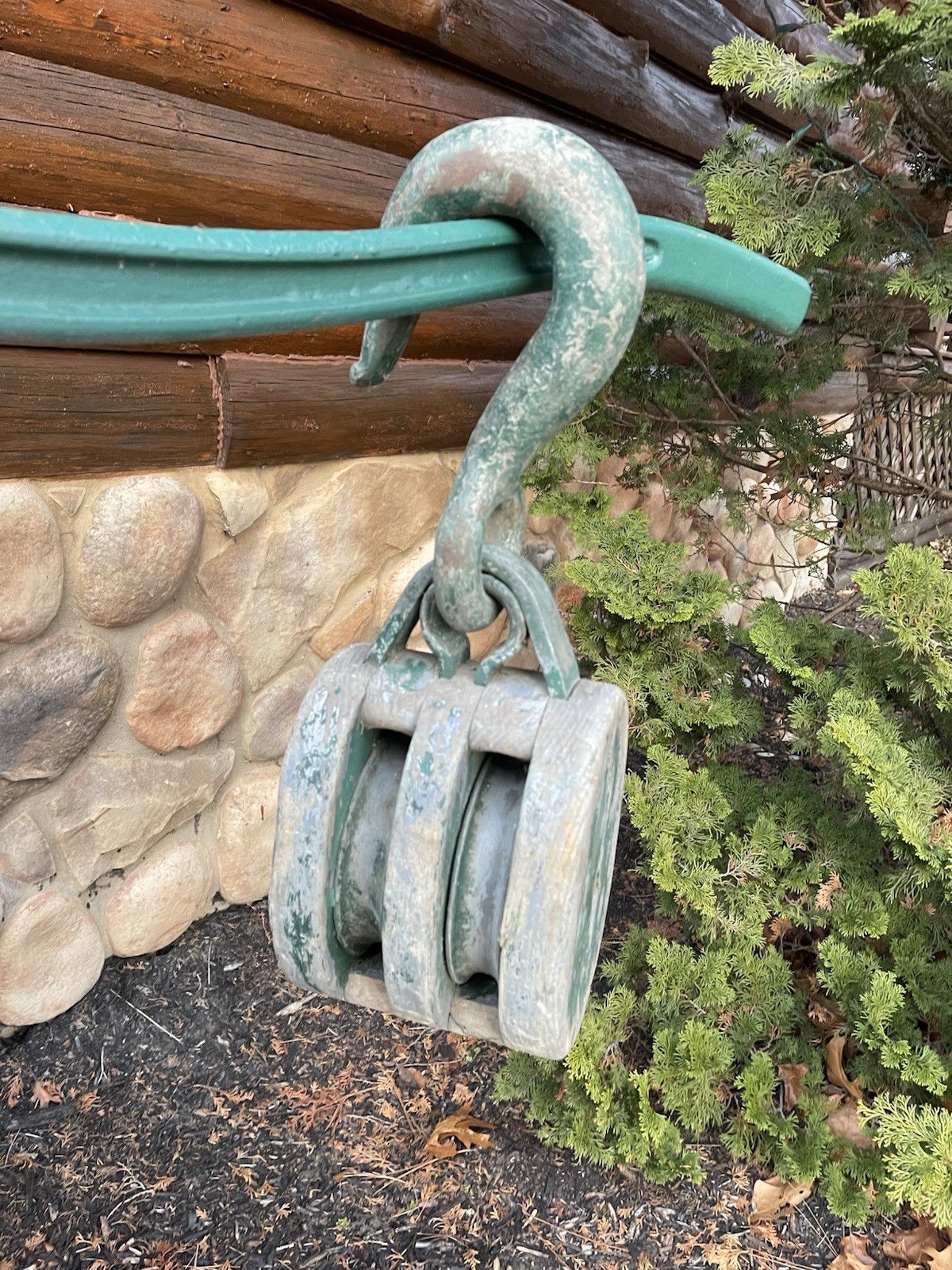 Vintage Industrial Pulley Wood Block Double Wheel Iron Hook 19”