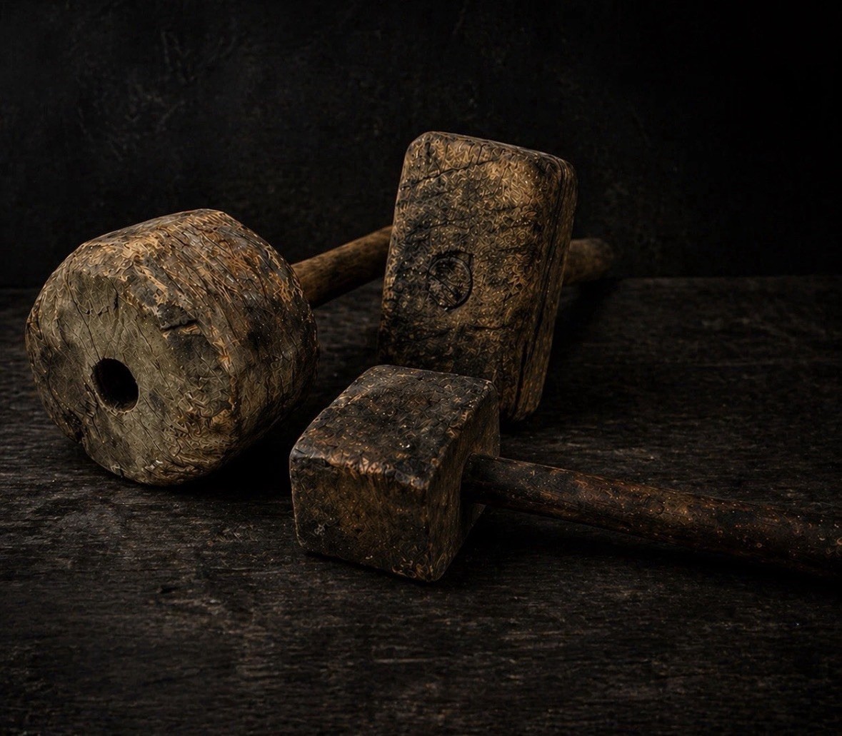 Antique Primitive Wooden Mallet Set 3 Hand Carved Farm Tool Rustic Decor 1880