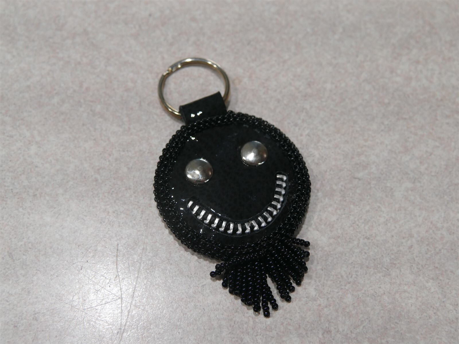 Creative Black Leather Double Happy Face Keychain Beaded Beard ~ Handmade 1 of 1