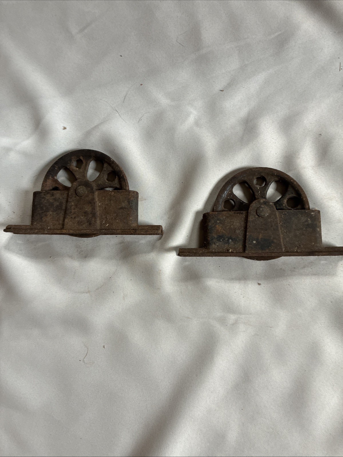 Pair of Antique Cast iron Pully Wheels From Barn Doors.