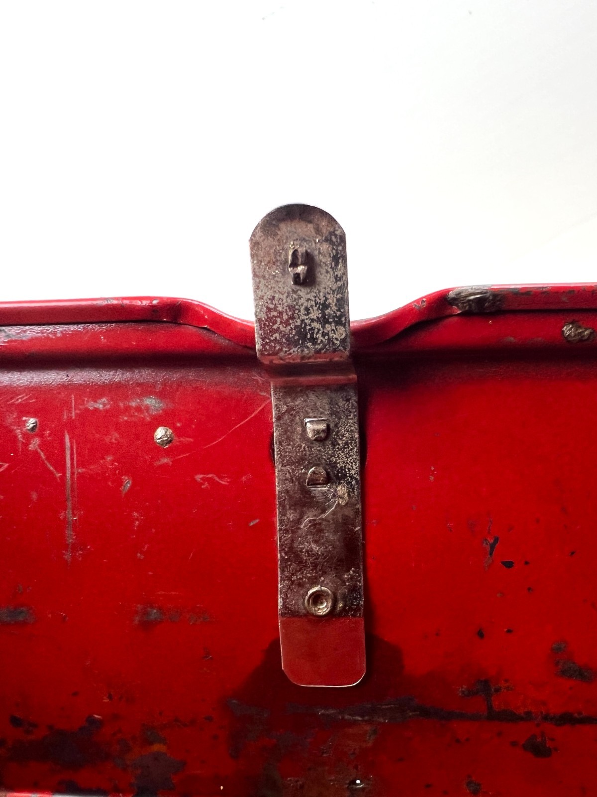 Vtg 1940s Red Metal Tool box Little Pal Handy Kit Art Deco Tool Box Salvage