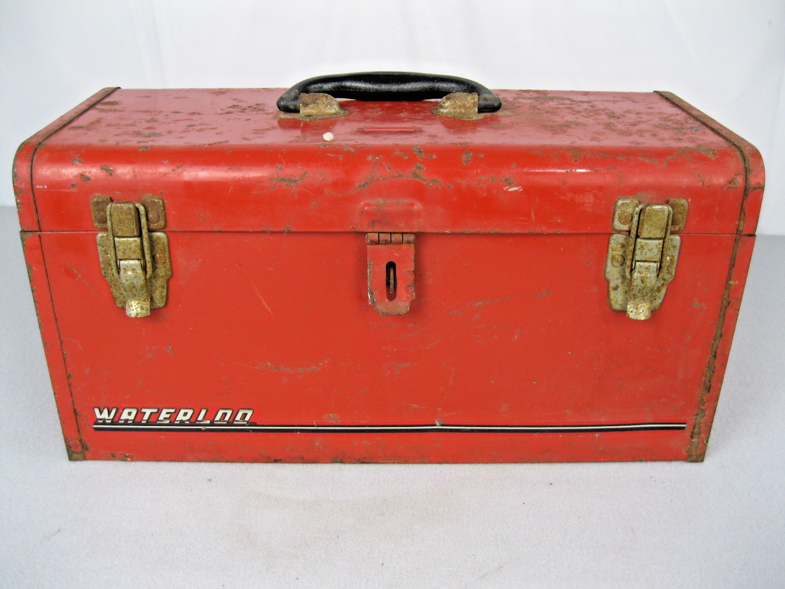 Vintage WATERLOO Metal Toolbox w/ Tray 15”” x 7″ Red Metal Toolbox