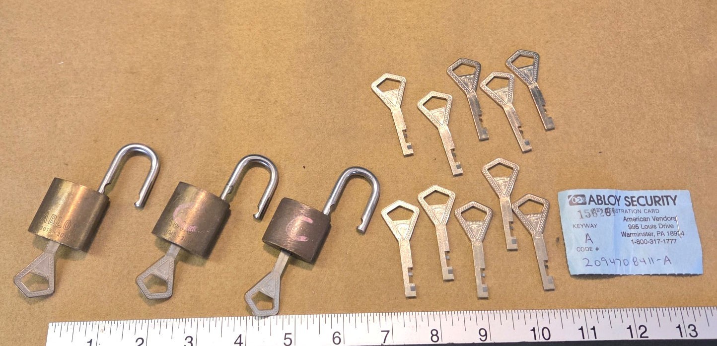 3 x Abloy mini padlocks w/ 12 working keys, for 1 price – Tested good – Vintage