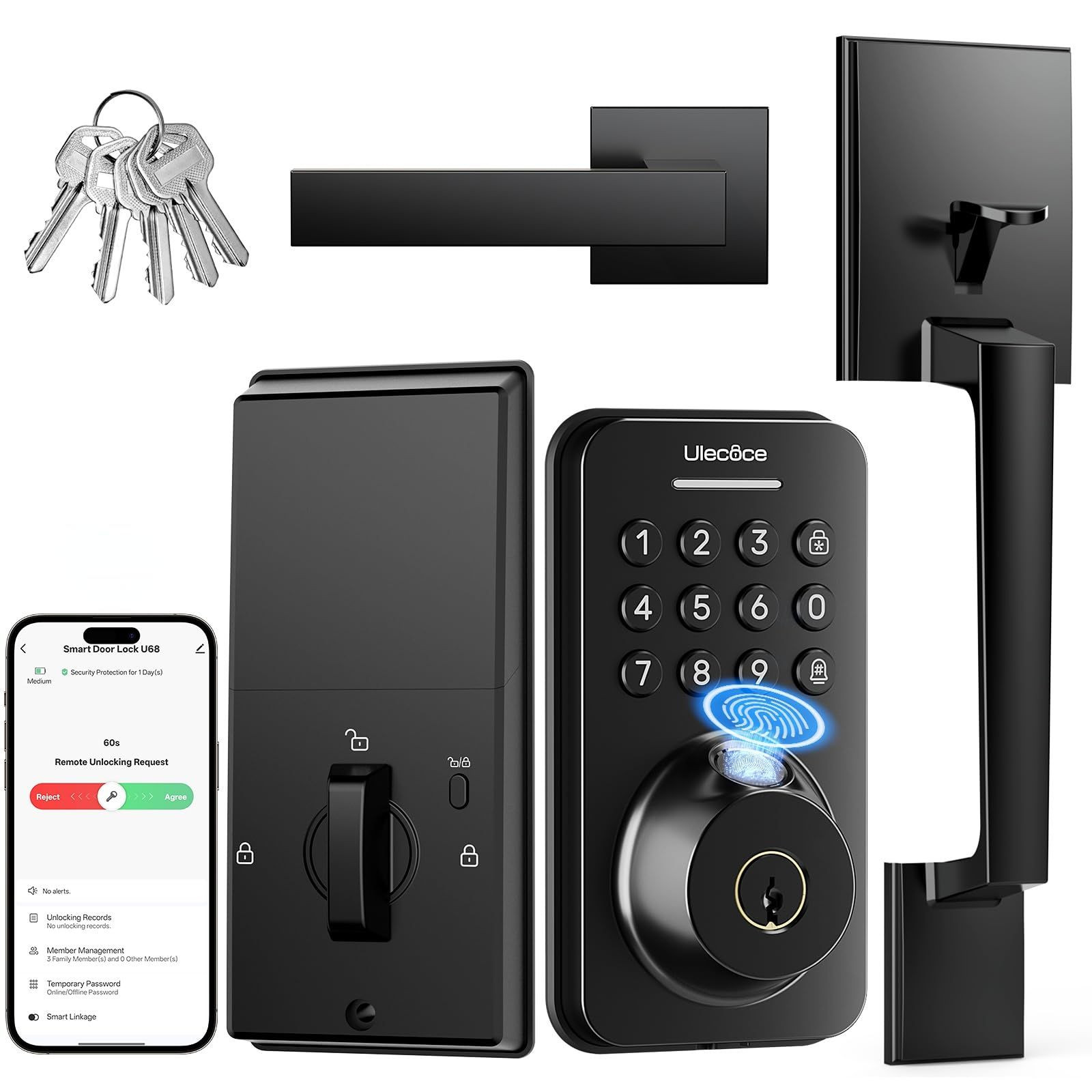 Ulecoce Fingerprint Keypad Deadbolt with Handle Set, Keyless Entry Door Black