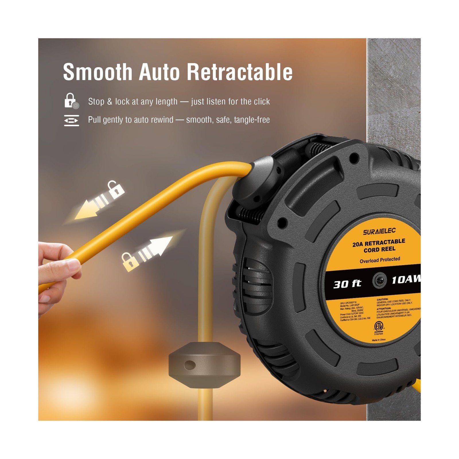 SURAIELEC Retractable Extension Cord Reel, 30FT 10AWG/3C SJTOW Heavy Duty Pow…