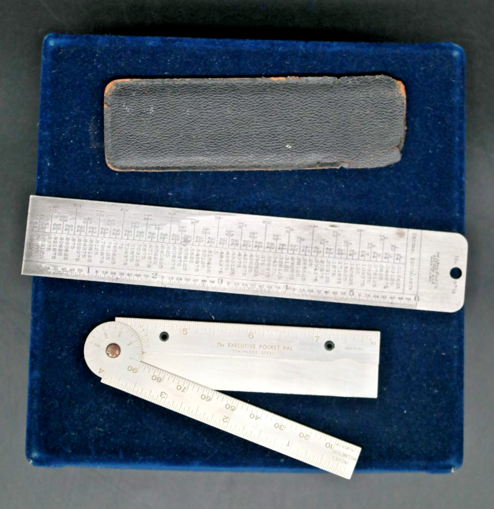 “Executive Pocket Pal” Foldg Ruler w/Old Leather Case & Decimal Equivalent Ruler