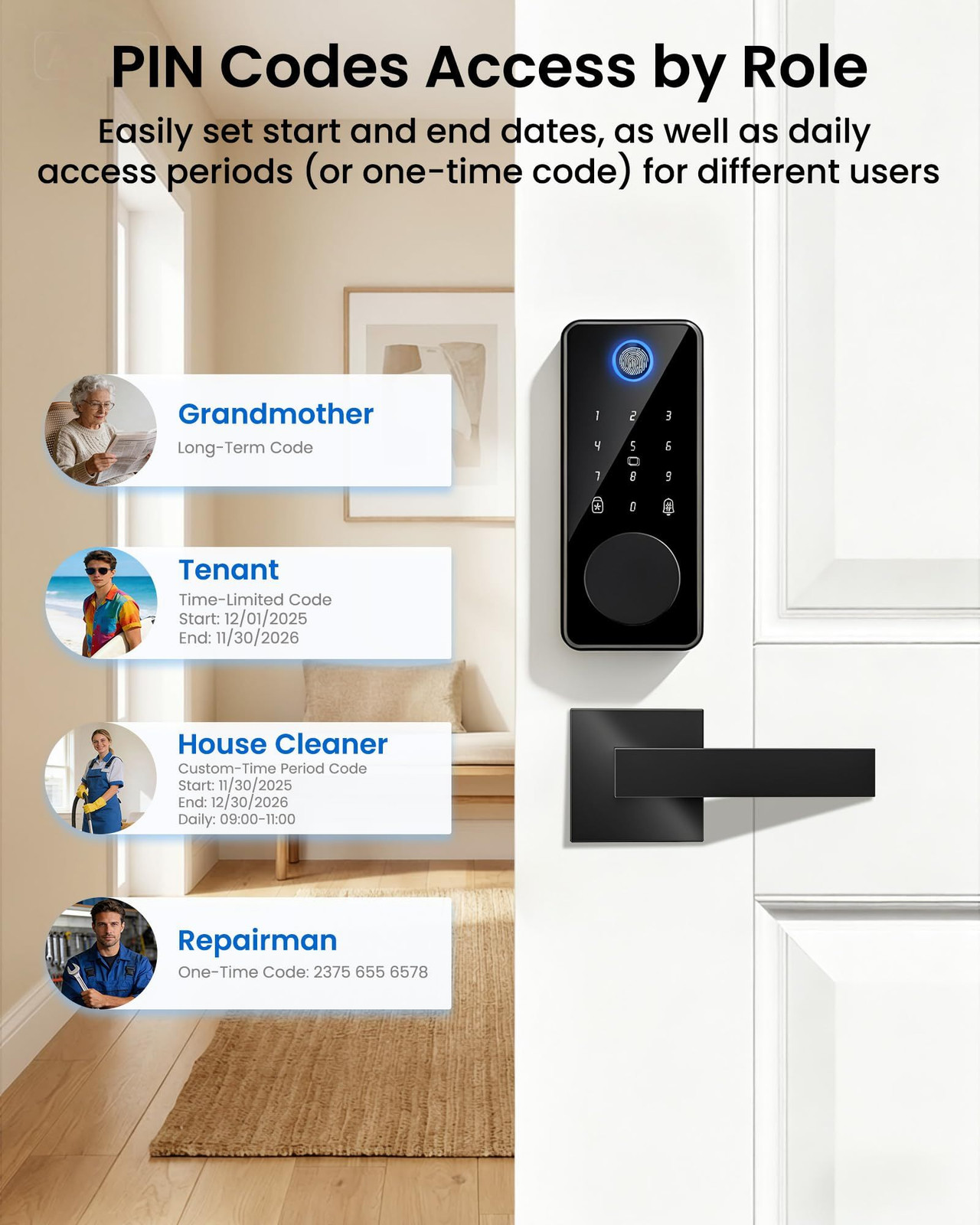 Fingerprint Keyless Entry Door Lock with 2 Handle Set, Smart Glossy Black