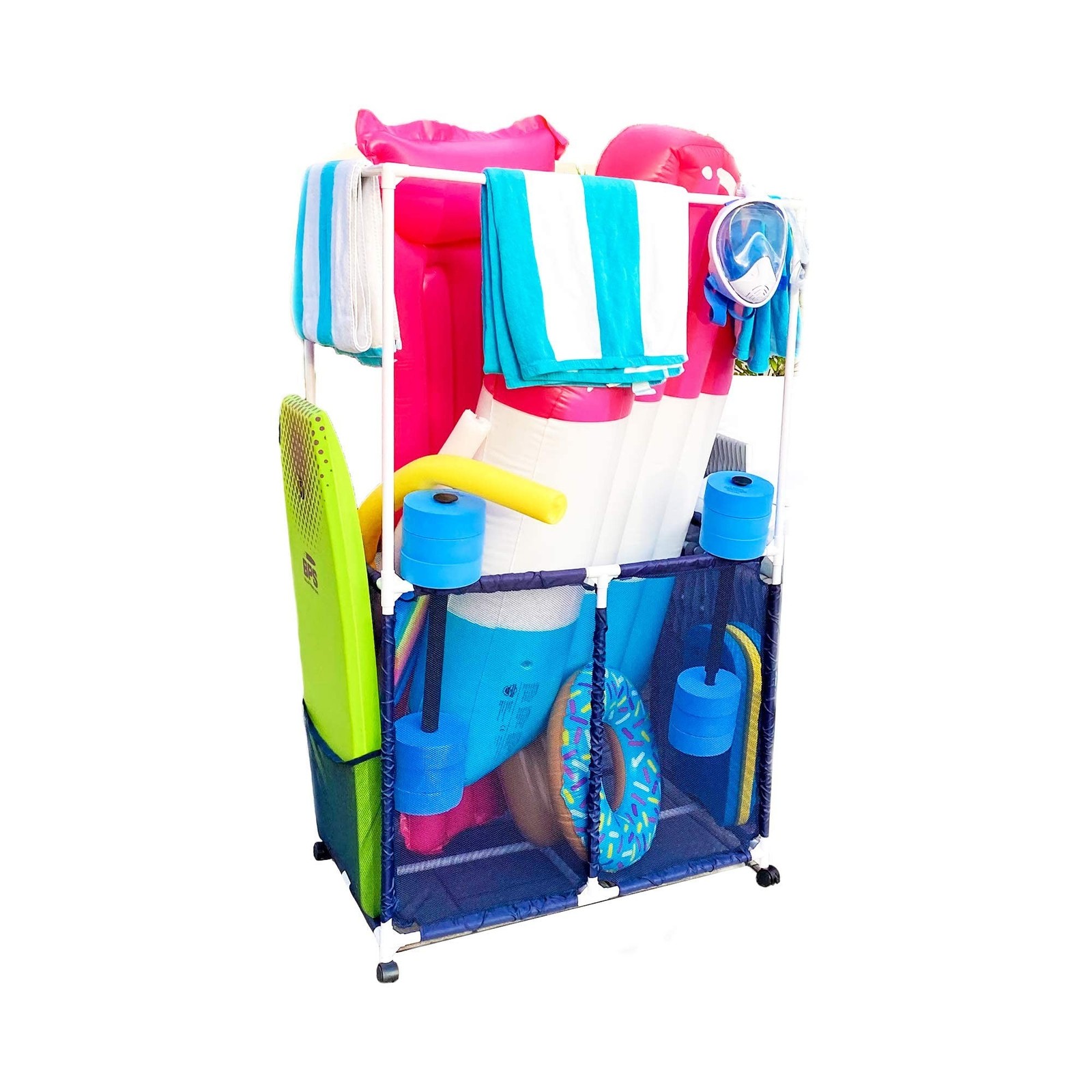 Pool Equipment Holder with Towel Drying Bars, Mesh Rolling Multi Use Storage …