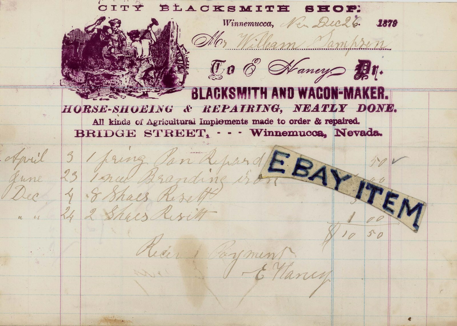 1879 blacksmith WINNEMUCCA NEVADA billhead E. HANEY horseshoeing BUTCH CASSIDY