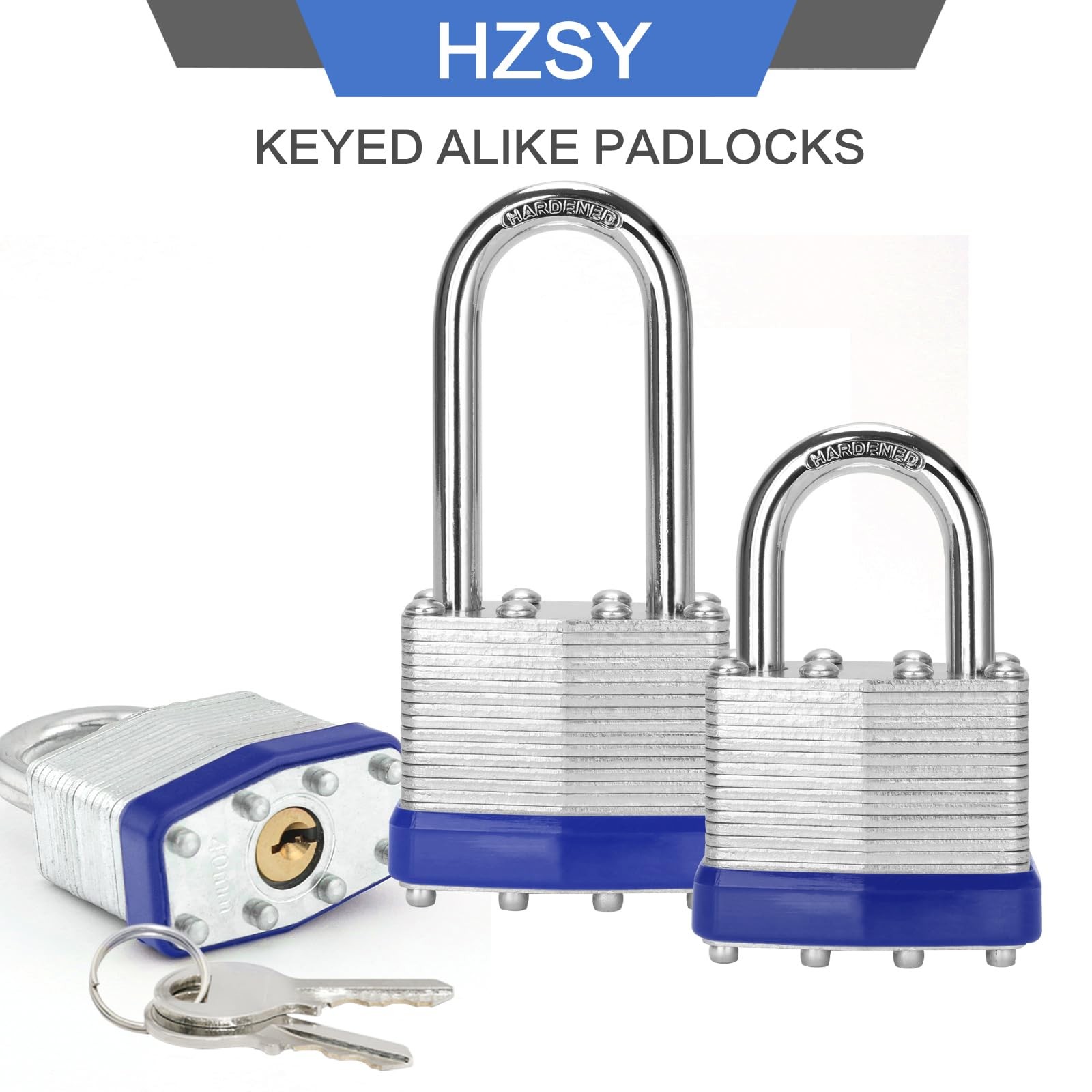 HZSY Padlocks Keyed Alike, Pack of 12, 12 PACK Long Shackle, Blue silver