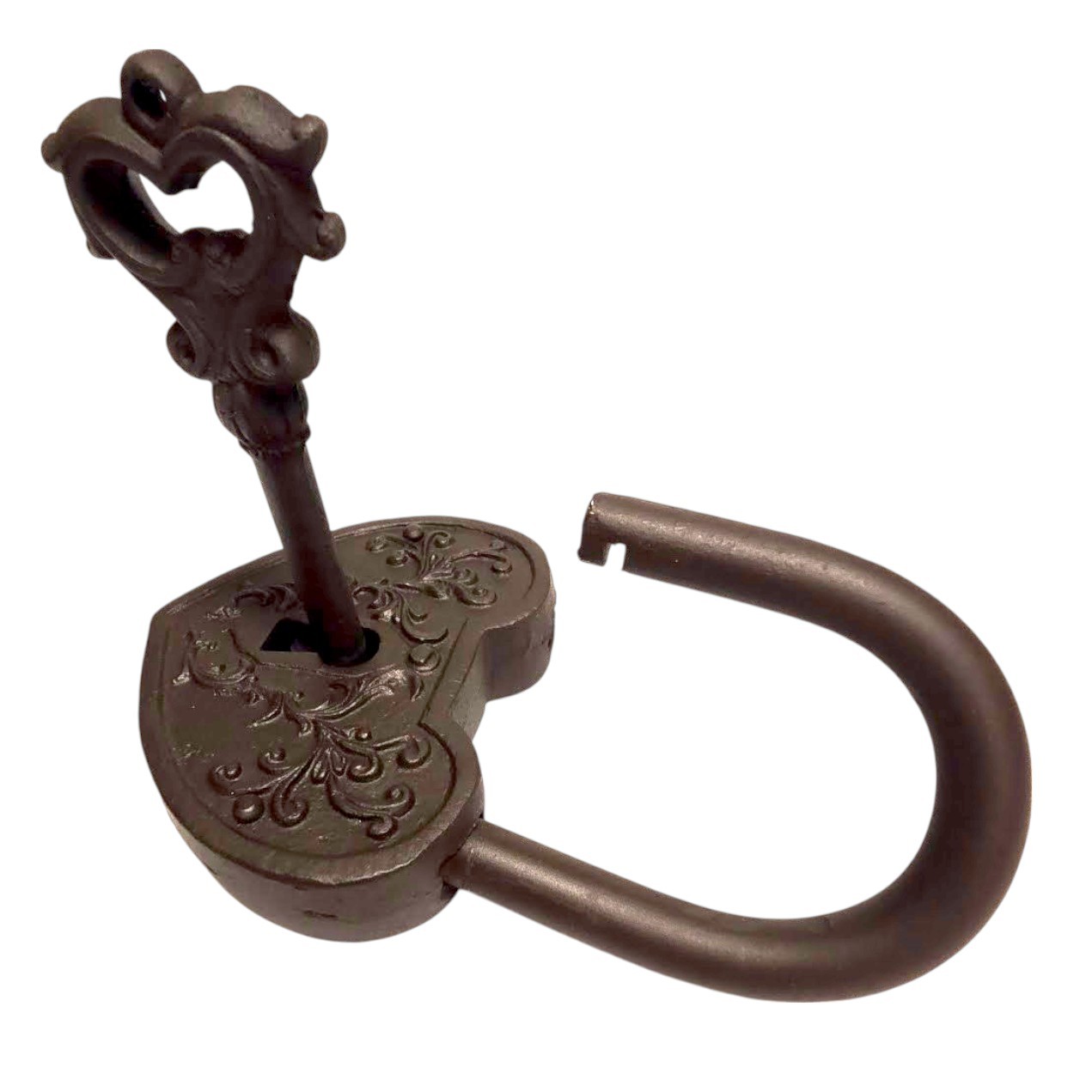 Vintage-Style Heart Padlock with Skeleton Key Cast Iron Lock Decor