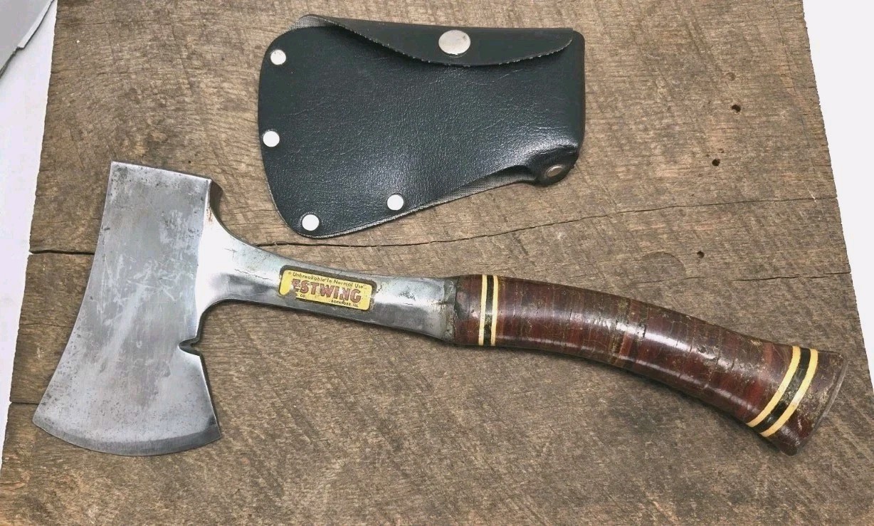 Vintage Estwing 24A Camp Axe Hatchet with Leather Stacked Handle and Sheath USA