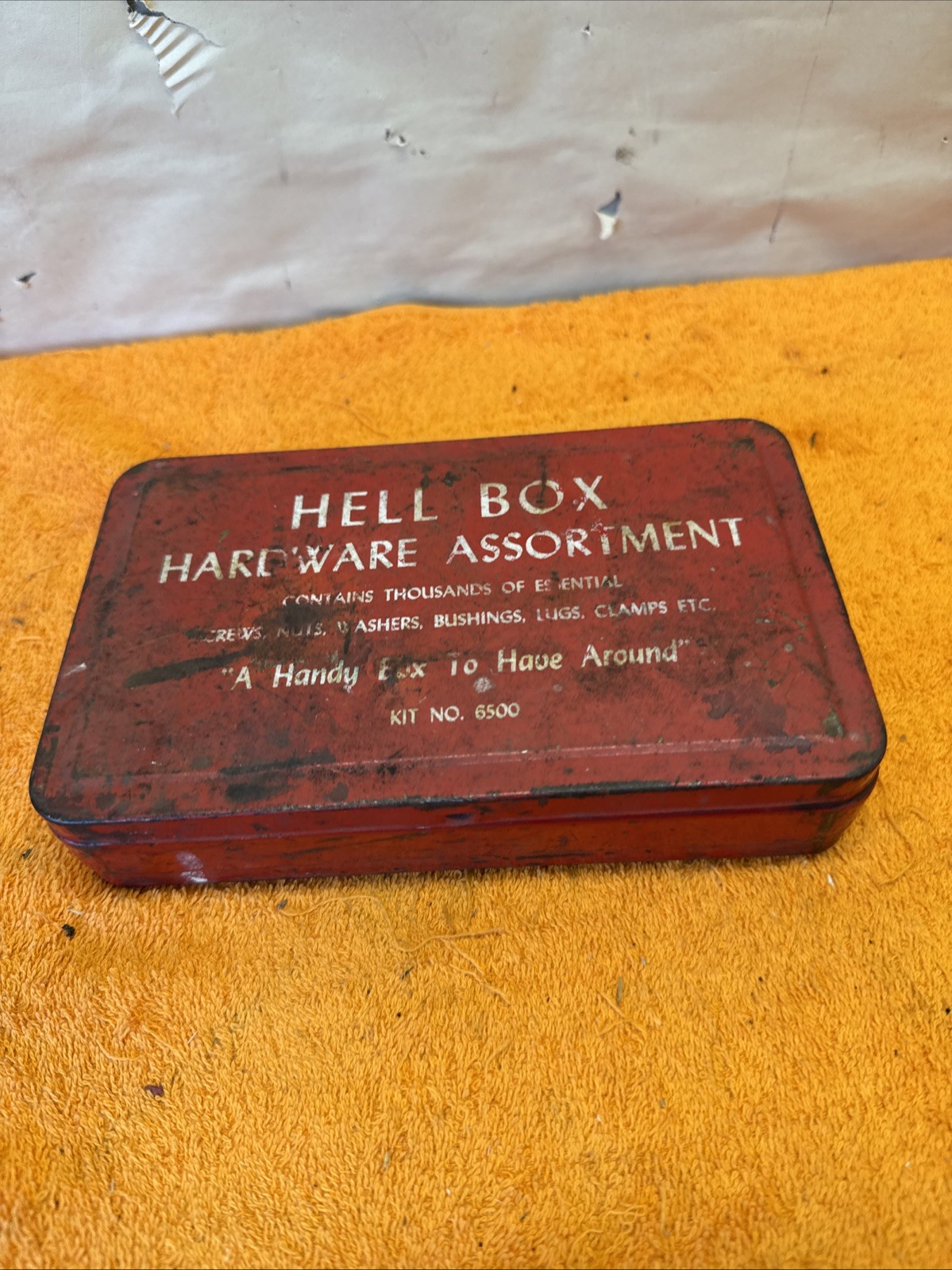 1H – Vintage Empty Red Hell Box Tin Tool Kit #6500 Measures 7.5”x4.5”x1”