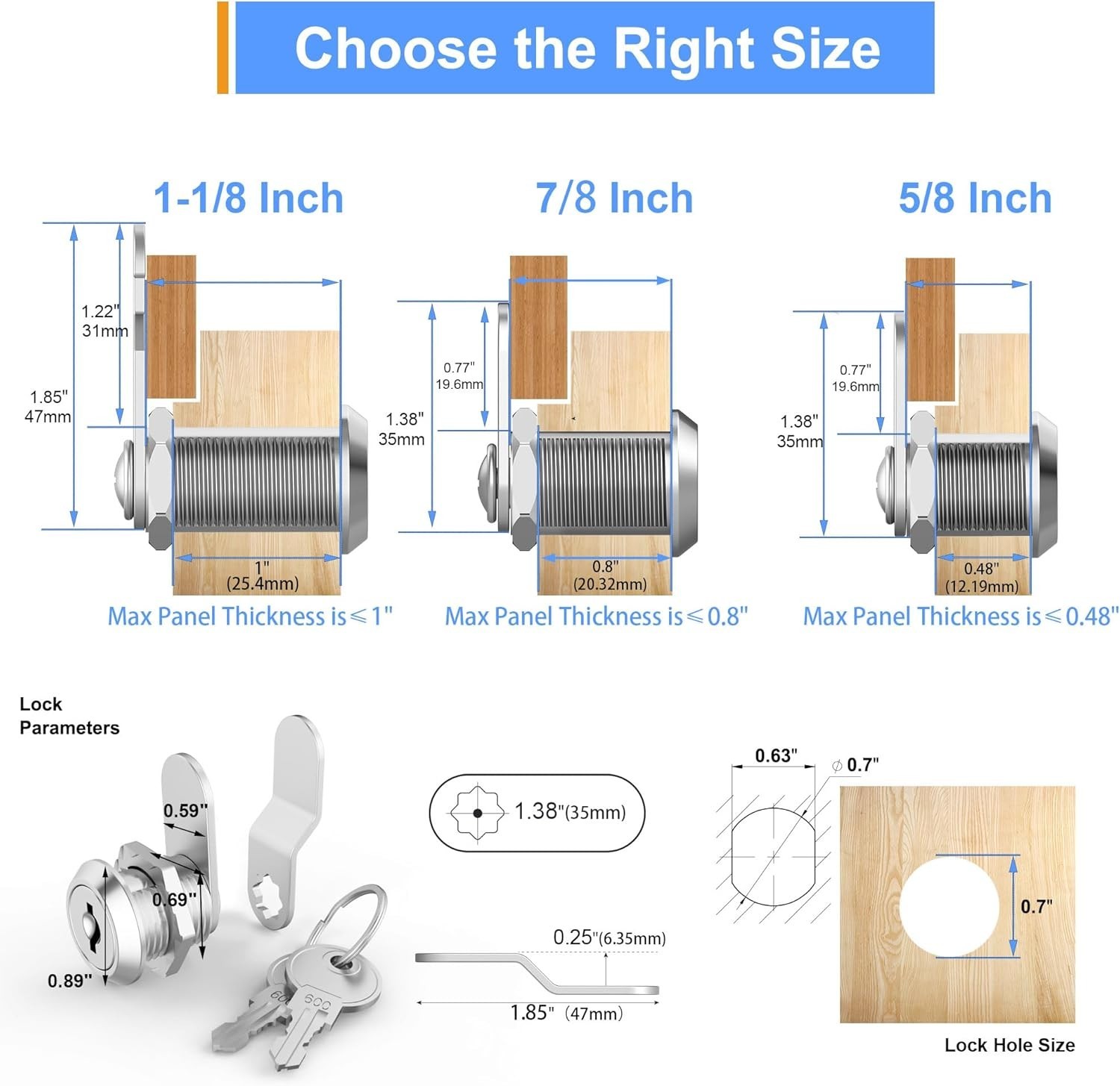 3 Pack Zinc Alloy Cabinet Locks with Keys