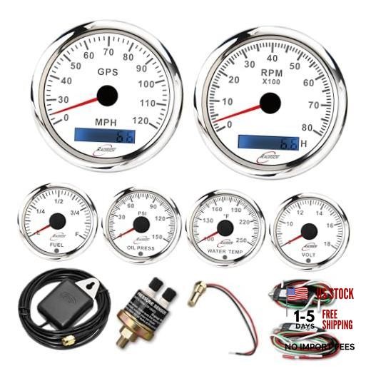 6 Gauge Instrument Set 120 MPH 8000 RPM – White Dial | 85mm 3-3/8″,