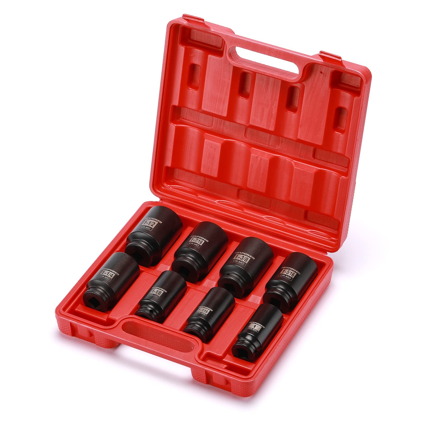 MIXPOWER 8pc 1/2-in Drive Deep Impact Socket Set CR-MO 6 Point SAE 1-1.5in