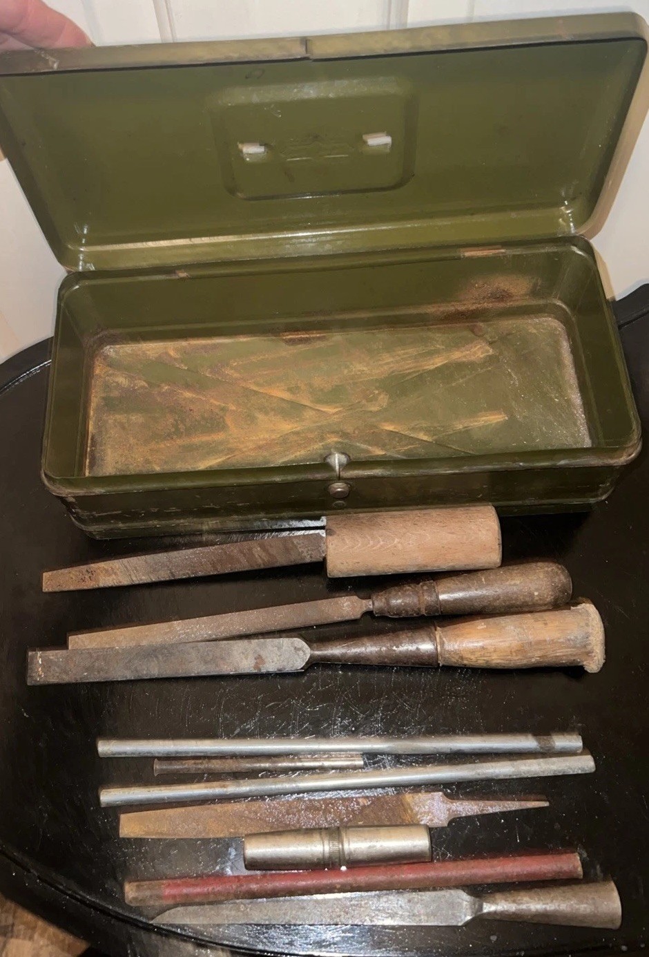 Vintage Climax Metal Toolbox with Primitive Woodworking Tools Included