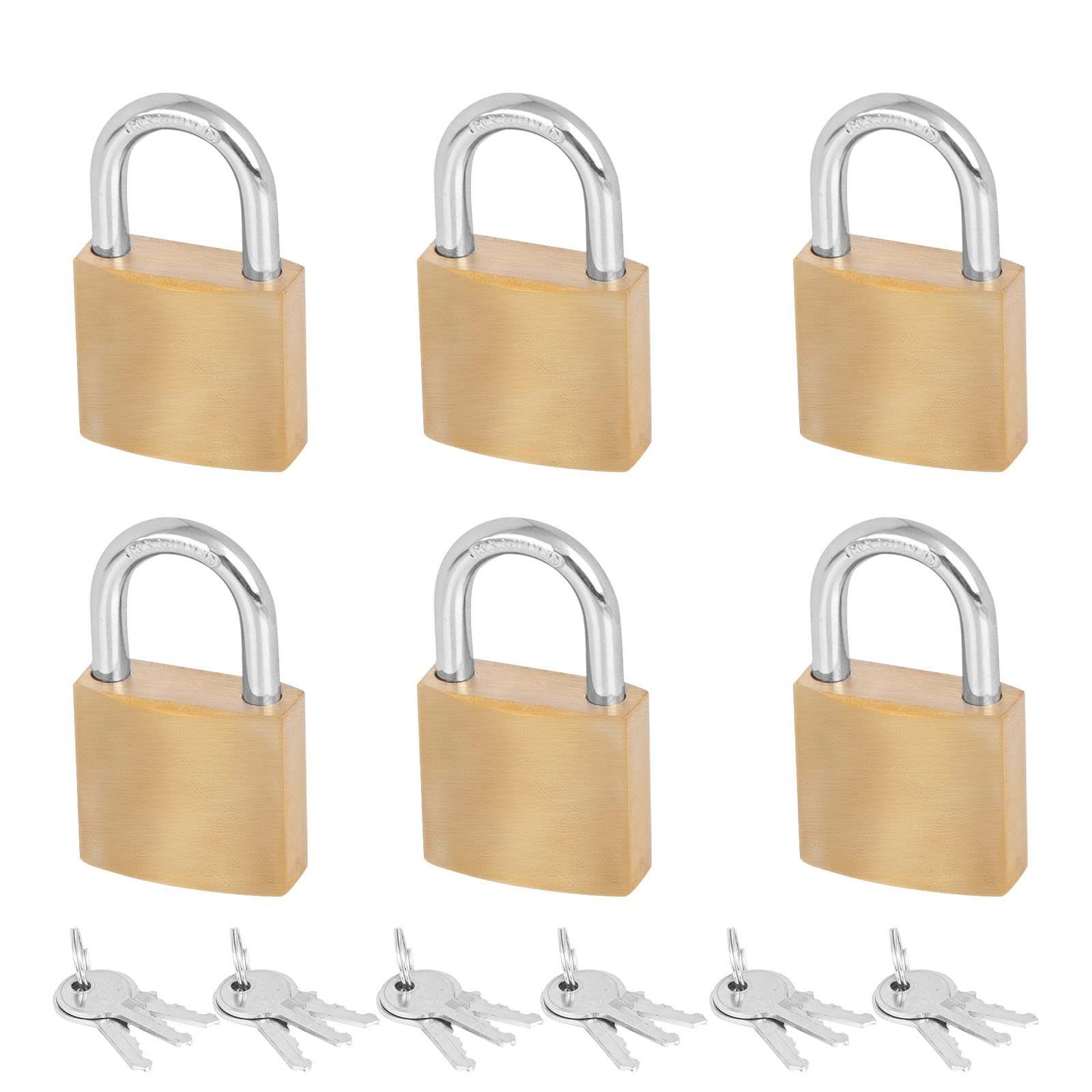 6 Pack Solid Brass Keyed Padlock with Keys – 1-1/4” (30mm) Wide Lock Body 1/5…