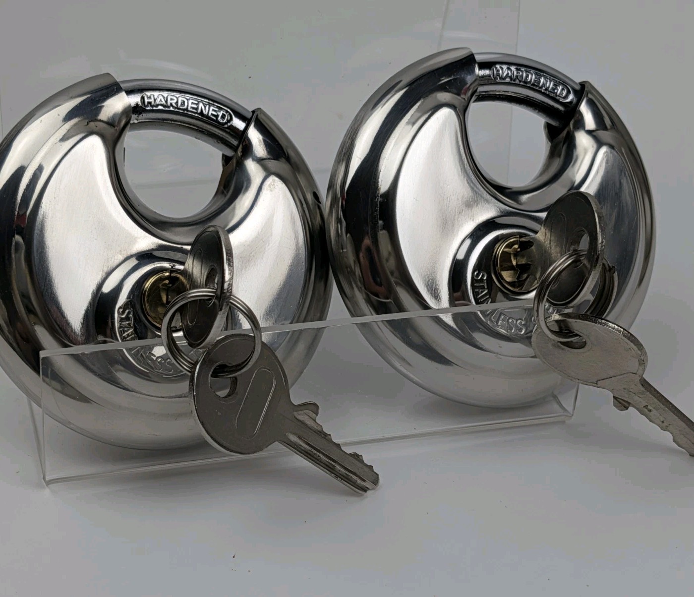 2pk Keyed-A-Like DISCUS Padlocks, STAINLESS STEEL Disc Padlock with 2 KEYS each