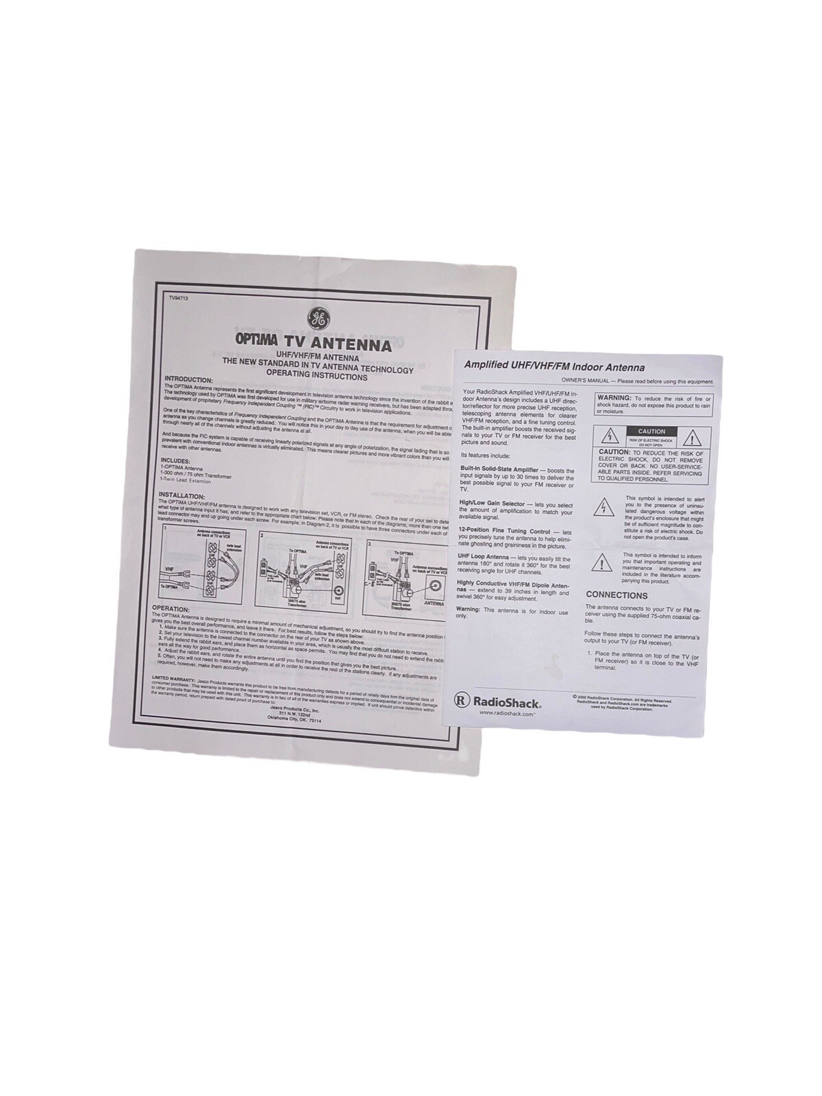 GE Optima TV Indoor Antenna UHF VHF FM manual booklet instructions Radio Shack