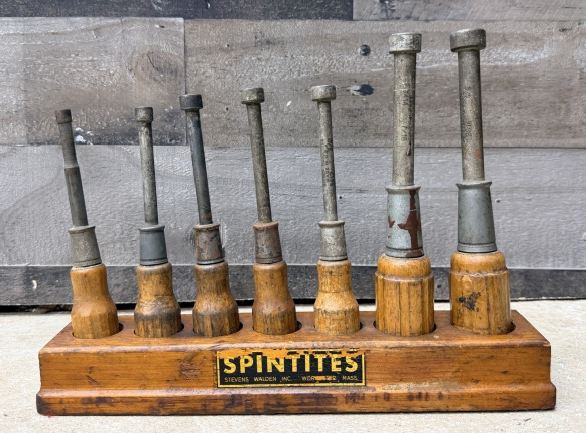 1940 Antique Wood Nut Driver Tool Set Walden Worcester SPINTITES Counter Display